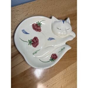 VTG Lenox Poppies on Blue Barnyard Cat Kitten Plate Spoon Rest Flower Design
